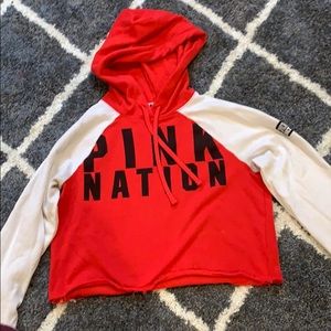 red white and black cropped pink hoodie
